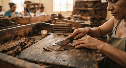Artisan hands trimming tobacco wrapper leaf with chaveta blade at Depuros Fabrica Danlí
